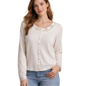 April Cornell Delicate Cream Satin Embroidered Trim Cardigan Sweater Size L